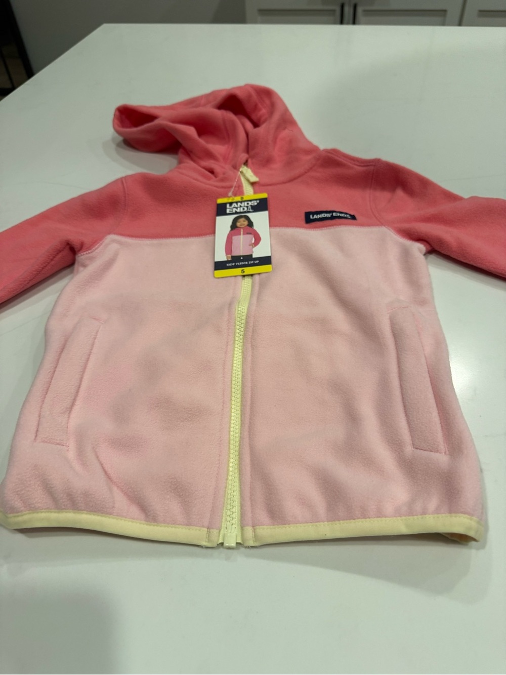 Lands' End Girls Two-Tone Pink Fleece Hoodie with Yellow Trim
